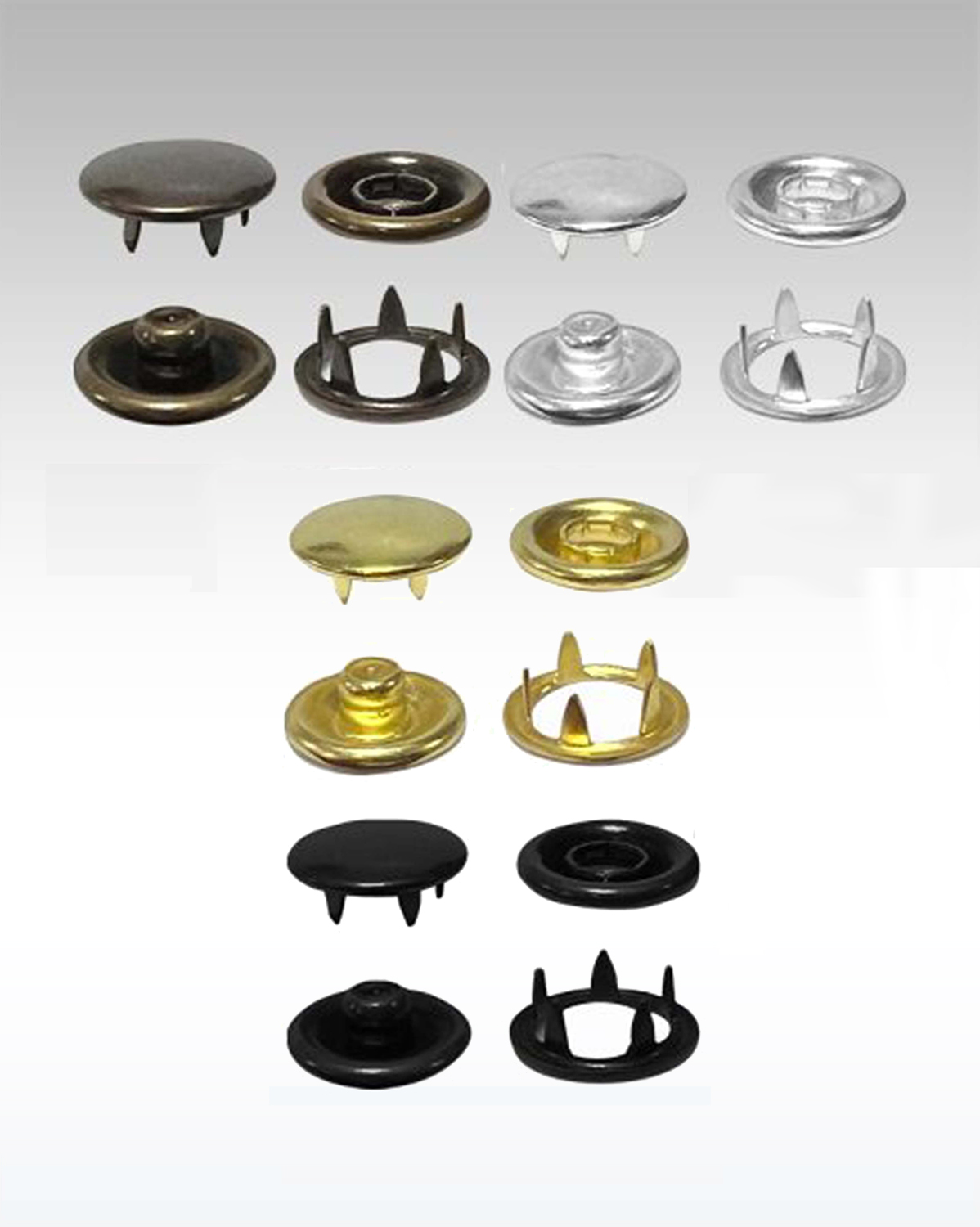 MICRON® America closed cap Bebeto prong snaps in multiple sizes and finishes for baby clothing uniforms jackets and fashion accessories