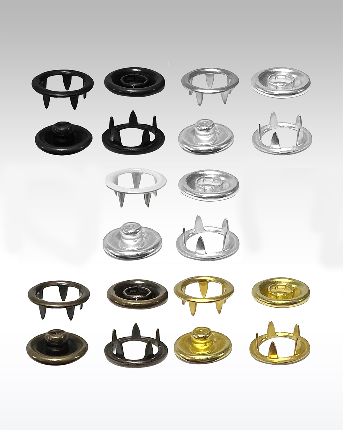 MICRON® America open cap Bebeto prong snaps in multiple sizes and finishes for baby clothing uniforms garments and accessories